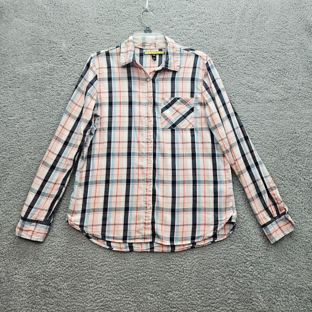 Prince & Fox Womens Plaid Button-Up Shirt Large Long Sleeve Cotton Pink Navy